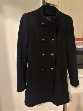 Aritzia Black Double-Breasted Pea Coat with Brass Buttons